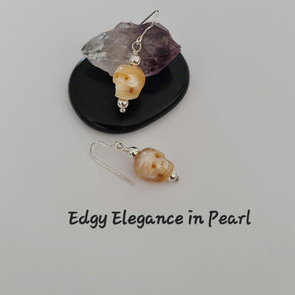 Carved Pearl Skull Earrings: Sterling Silver Gothic Boho Jewelry