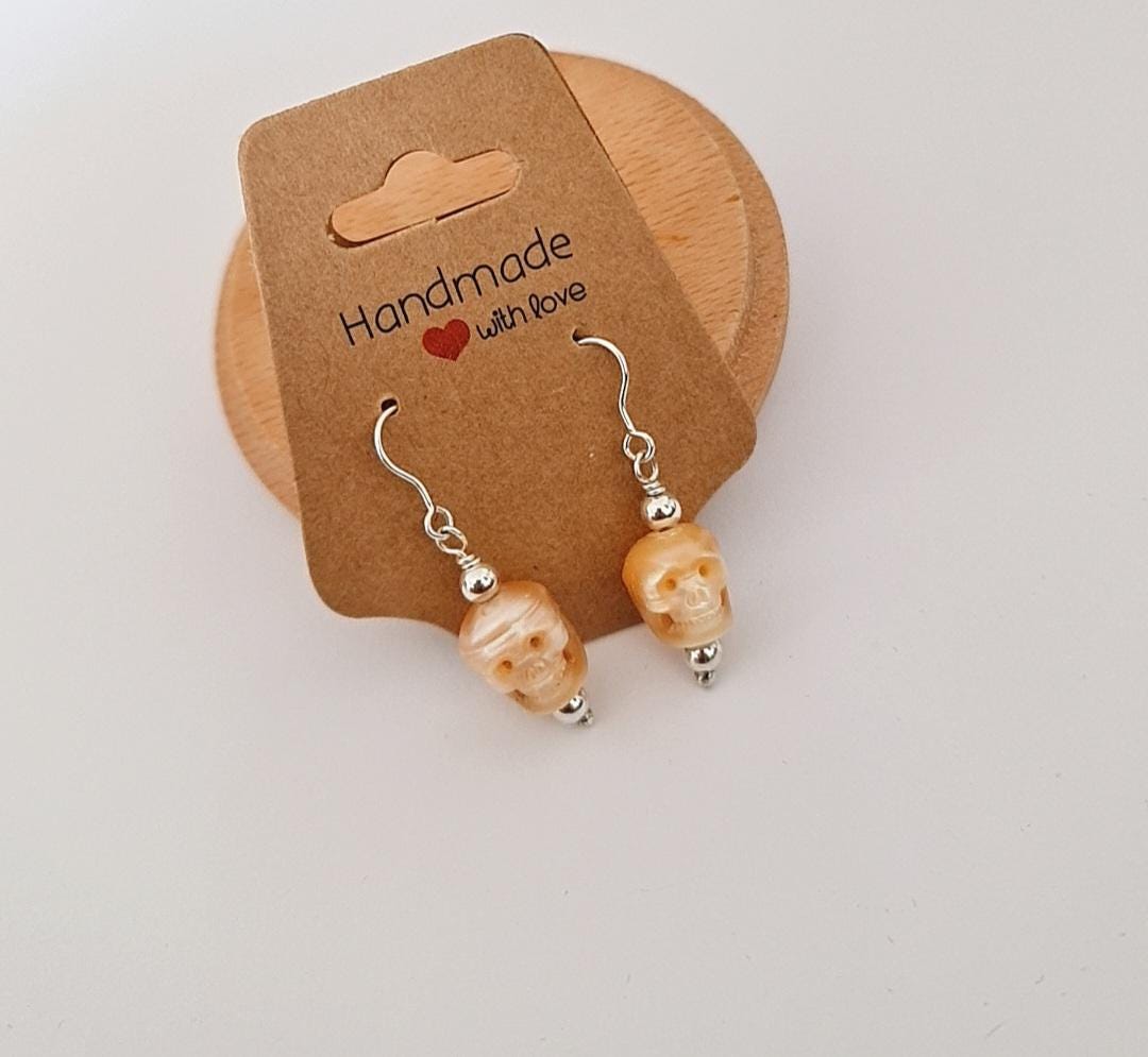 Carved Pearl Skull Earrings: Sterling Silver Gothic Boho Jewelry