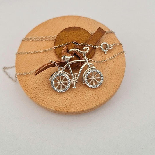 Sterling Silver Bicycle Necklace: Zircon Wheels, Cycling Charm