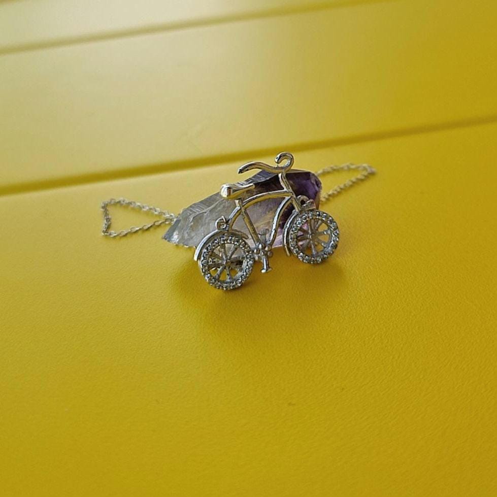 Sterling Silver Bicycle Necklace: Zircon Wheels, Cycling Charm