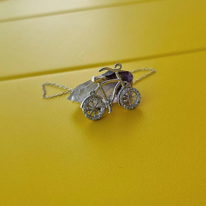 Sterling Silver Bicycle Necklace: Zircon Wheels, Cycling Charm