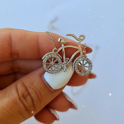 Sterling Silver Bicycle Necklace: Zircon Wheels, Cycling Charm