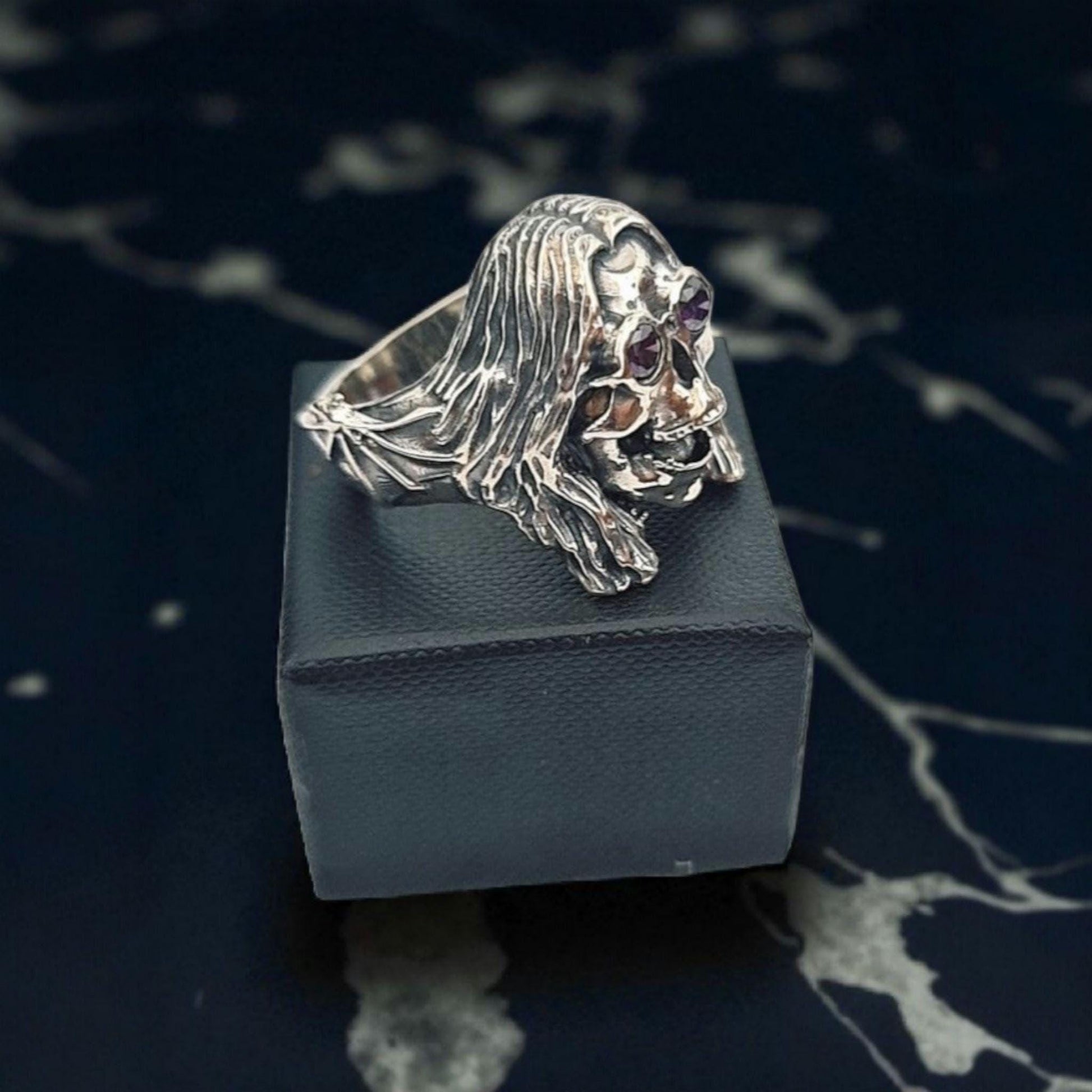 Sterling Silver "Prince of Darkness" Skull Ring Amethyst Sunglasses, Bat Wing Band -