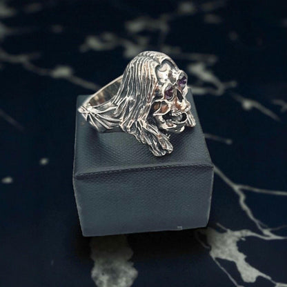 Sterling Silver "Prince of Darkness" Skull Ring Amethyst Sunglasses, Bat Wing Band -