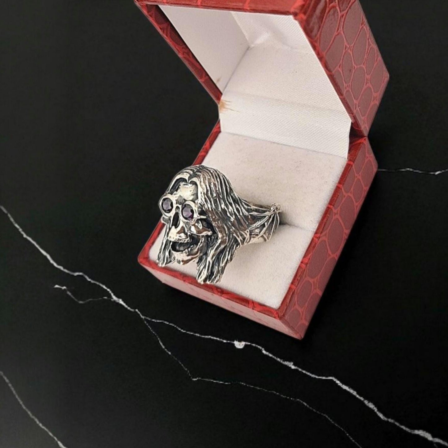 Sterling Silver "Prince of Darkness" Skull Ring Amethyst Sunglasses, Bat Wing Band -