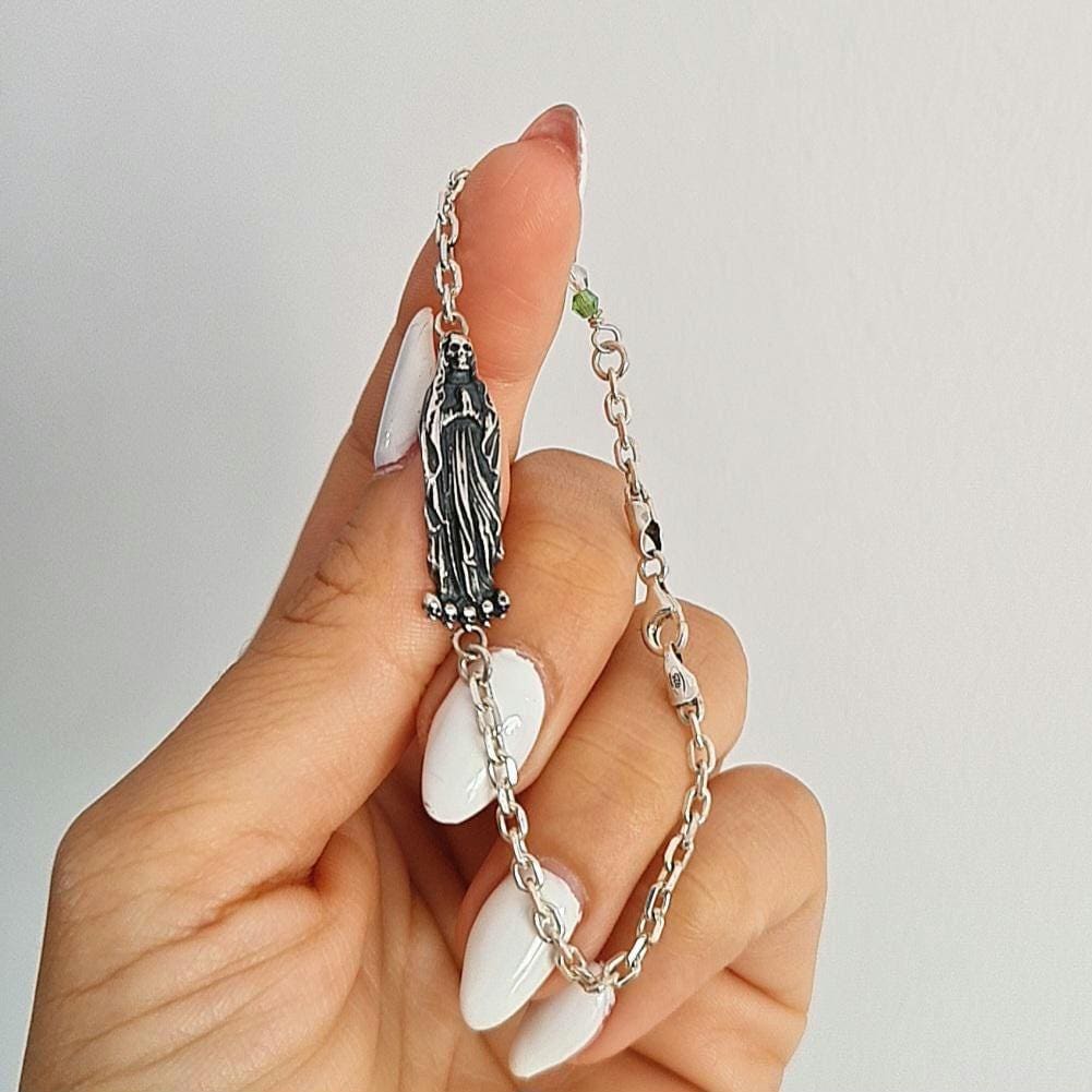 Santa Muerte bracelet 925 sterling Silver length 7inch(18cm) - 3 colours Stone beads as The Mexican flag