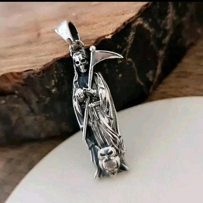 925 Silver Santa Muerte Scythe Necklace: Gothic Grim Reaper Pendant