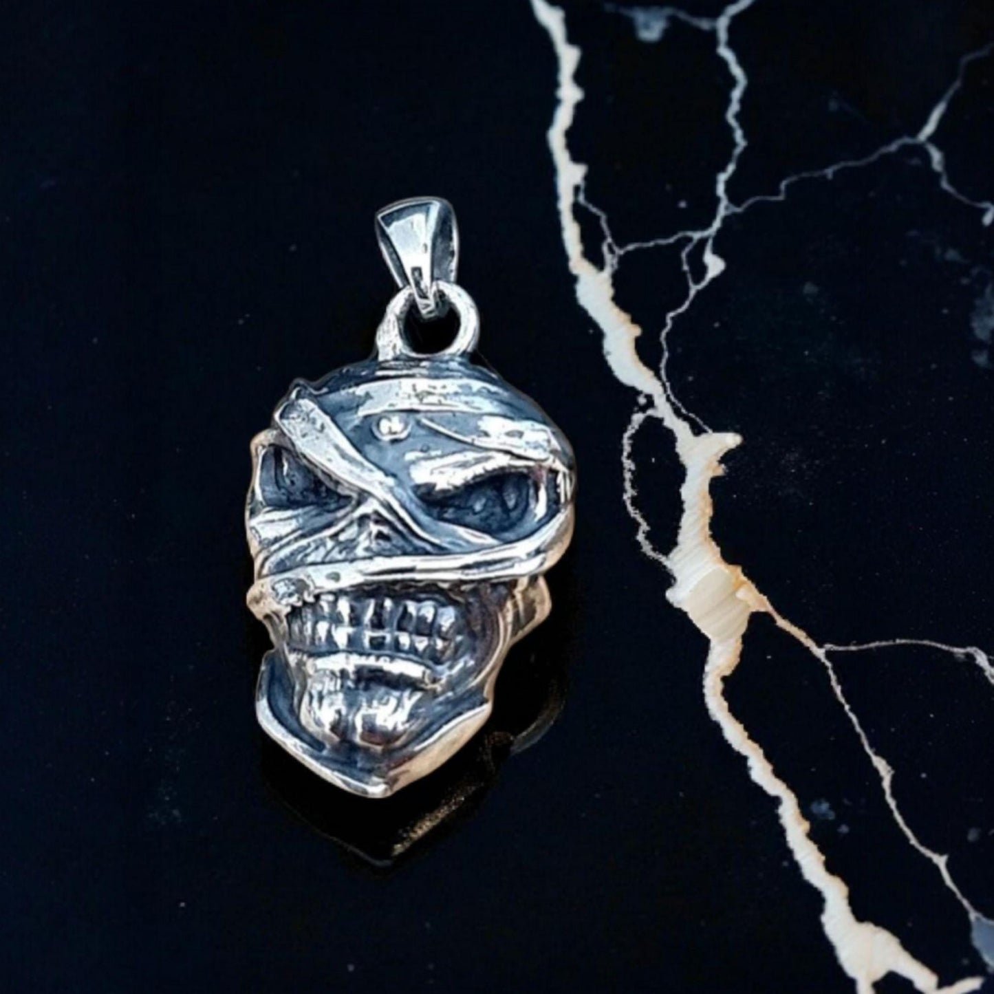 Mummy Skull Pendant:Sterling Silver Rocker Jewelry perfect for rock, heavy metal, punk,biker fashion