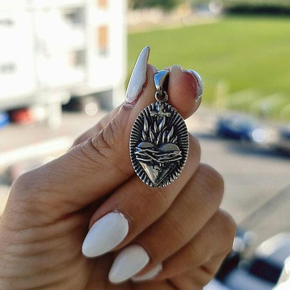 Sterling Silver Sacred Heart Pendant with Flames and Cross – Catholic Christian Necklace