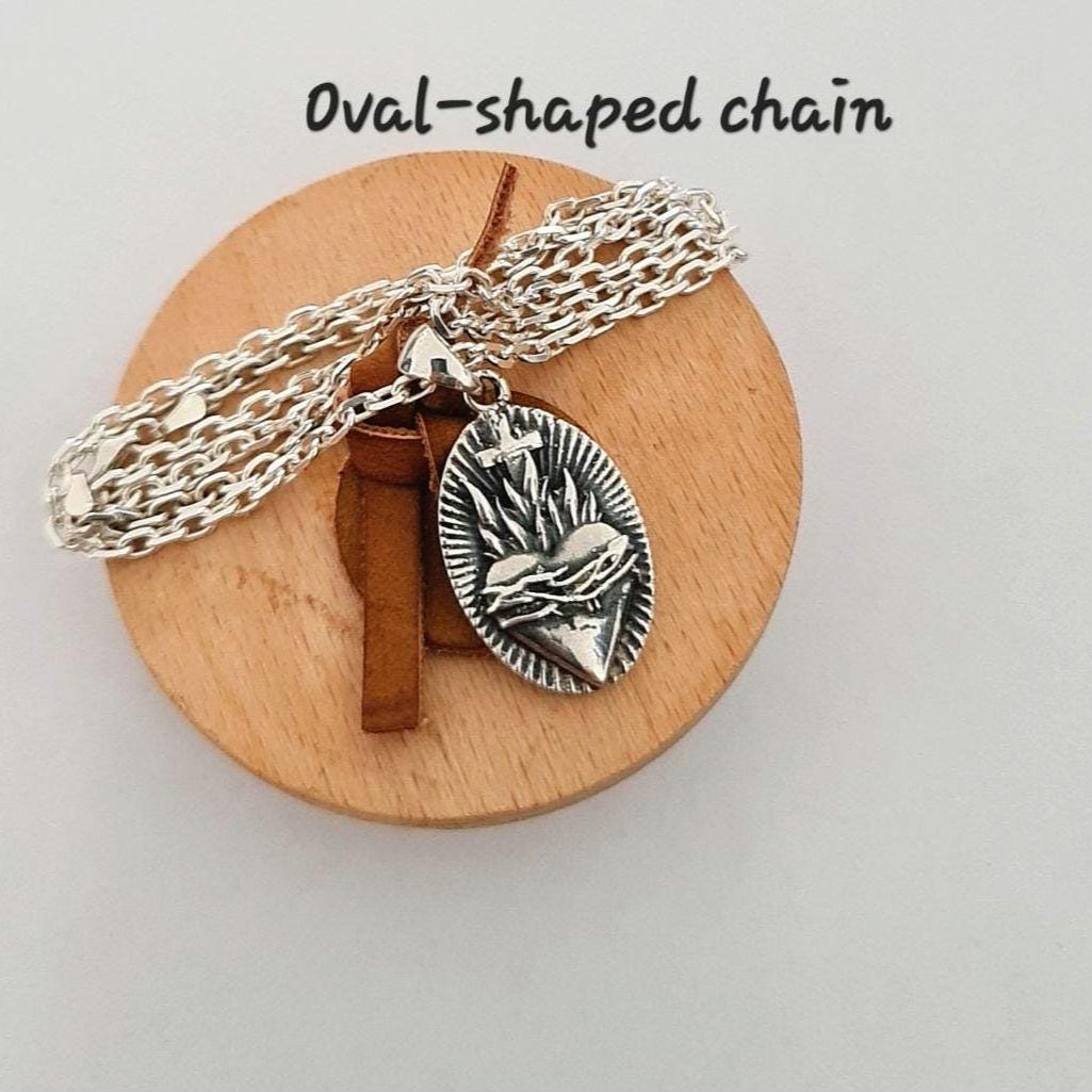 Sterling Silver Sacred Heart Pendant with Flames and Cross – Catholic Christian Necklace