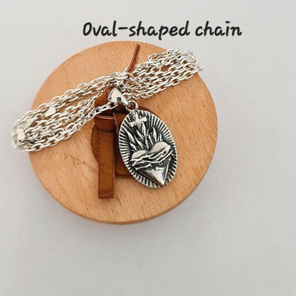 Sterling Silver Sacred Heart Pendant with Flames and Cross – Catholic Christian Necklace