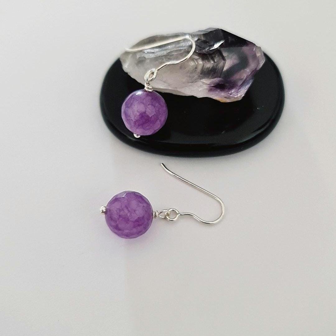 Natural Amethyst Earrings 10mm – Sterling Silver Dangle Drop Earrings – Handmade Gemstone Jewelry – February Birthstone