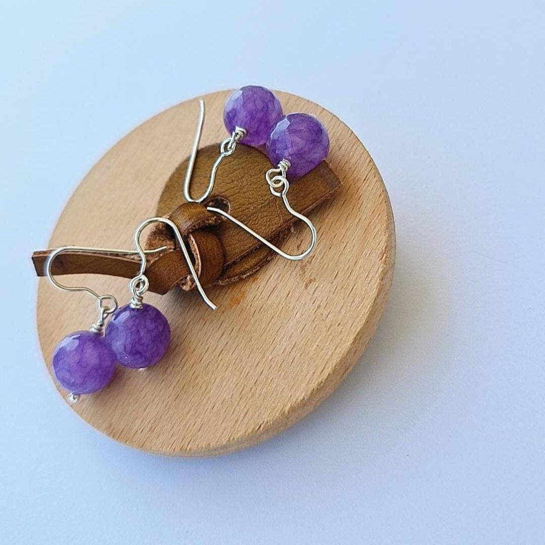 Natural Amethyst Earrings 10mm – Sterling Silver Dangle Drop Earrings – Handmade Gemstone Jewelry – February Birthstone