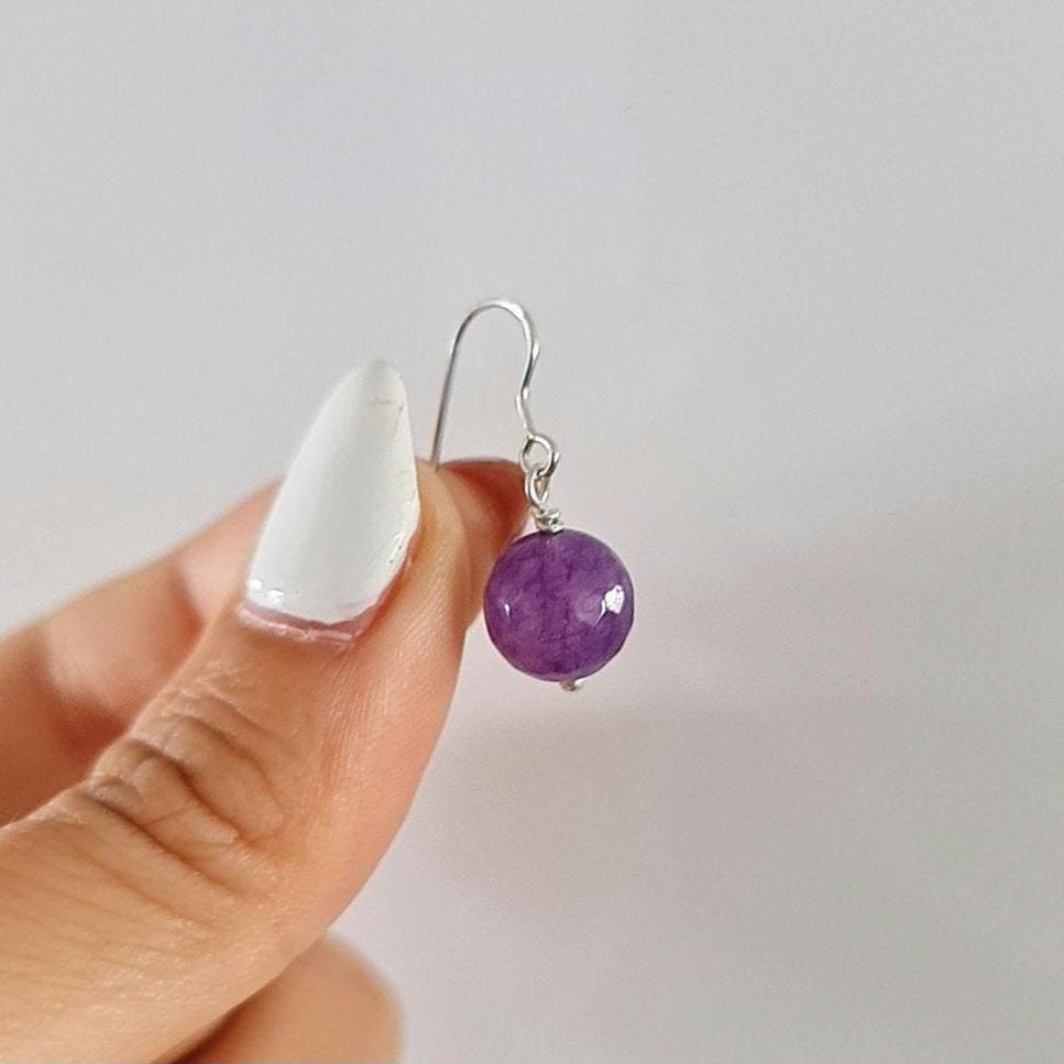 Natural Amethyst Earrings 10mm – Sterling Silver Dangle Drop Earrings – Handmade Gemstone Jewelry – February Birthstone