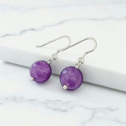 Natural Amethyst Earrings 10mm – Sterling Silver Dangle Drop Earrings – Handmade Gemstone Jewelry – February Birthstone