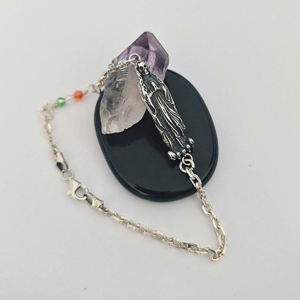 Santa Muerte bracelet 925 sterling Silver length 7inch(18cm) - 3 colours Stone beads as The Mexican flag