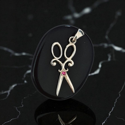 Vintage Sterling Silver Scissors Pendant with Gemstone Accent – Unique Jewelry Gift
