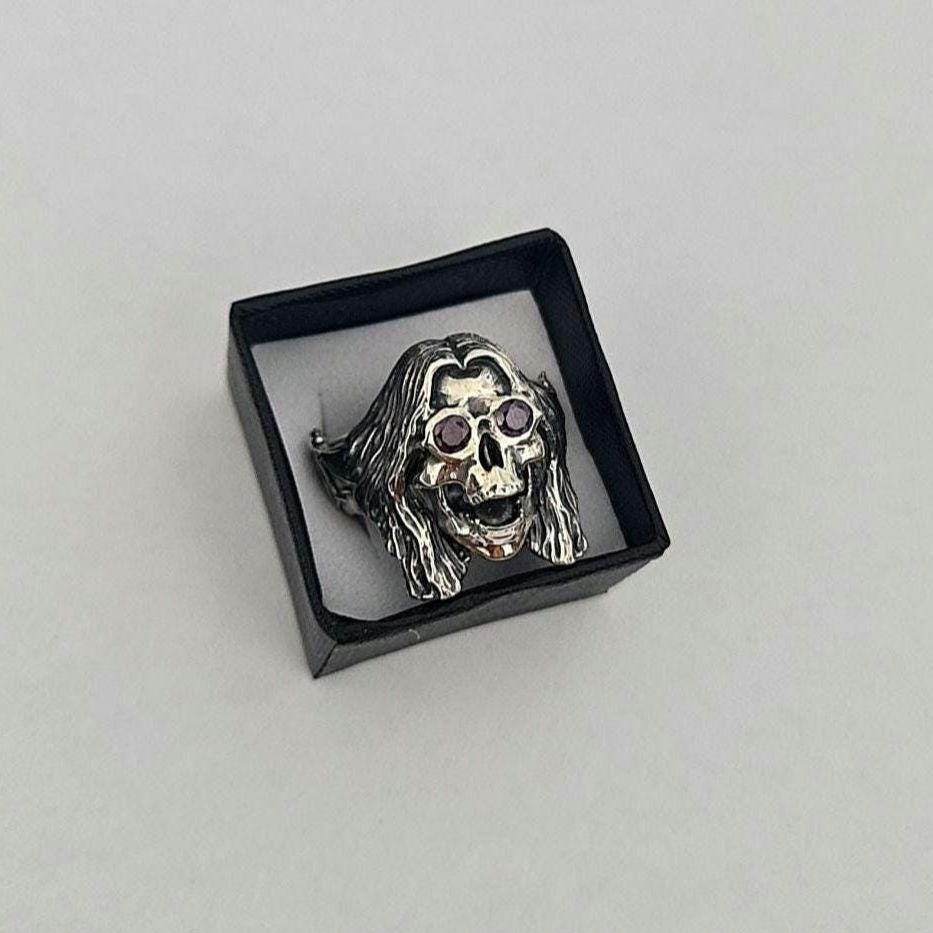 Sterling Silver "Prince of Darkness" Skull Ring Amethyst Sunglasses, Bat Wing Band -