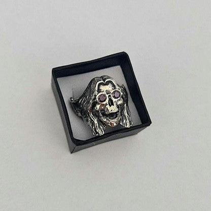 Sterling Silver "Prince of Darkness" Skull Ring Amethyst Sunglasses, Bat Wing Band -
