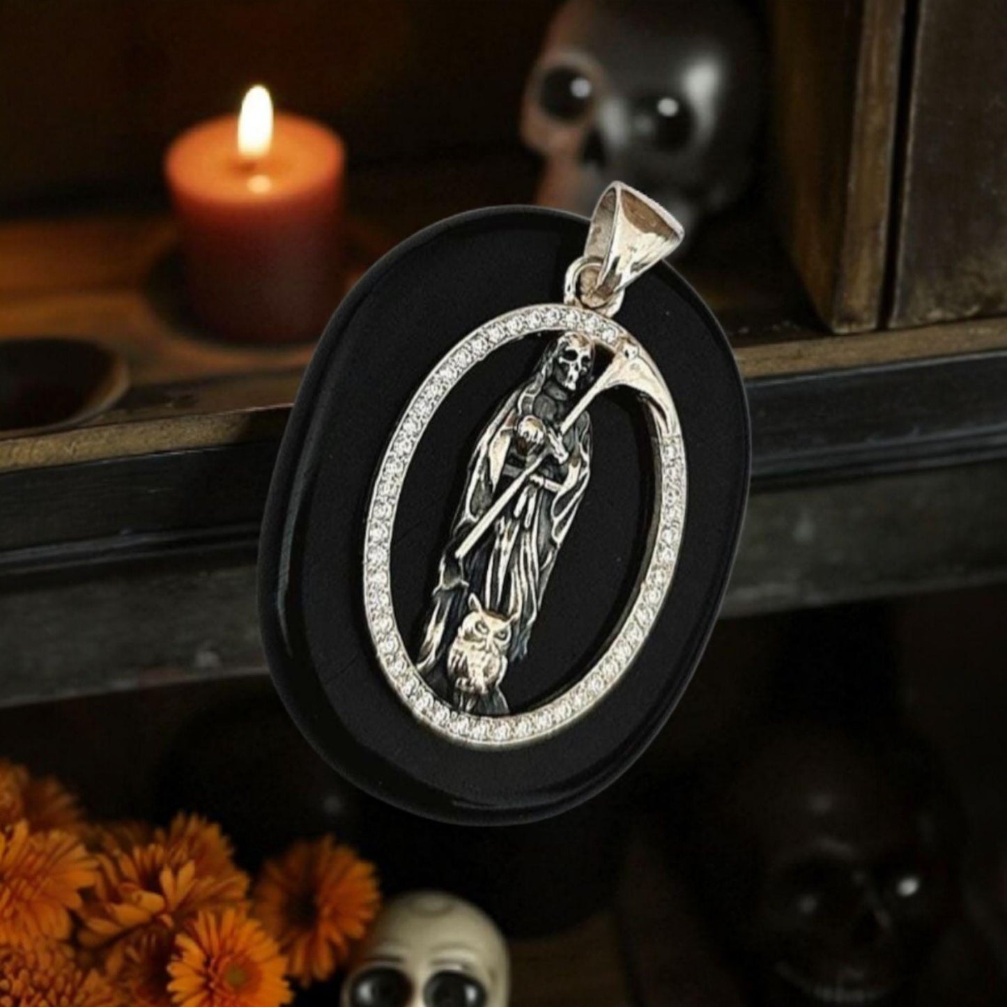 Silver Santa Muerte Pendant: Gothic Scythe Amulet Zircon framed