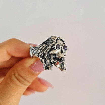 Sterling Silver "Prince of Darkness" Skull Ring Amethyst Sunglasses, Bat Wing Band -