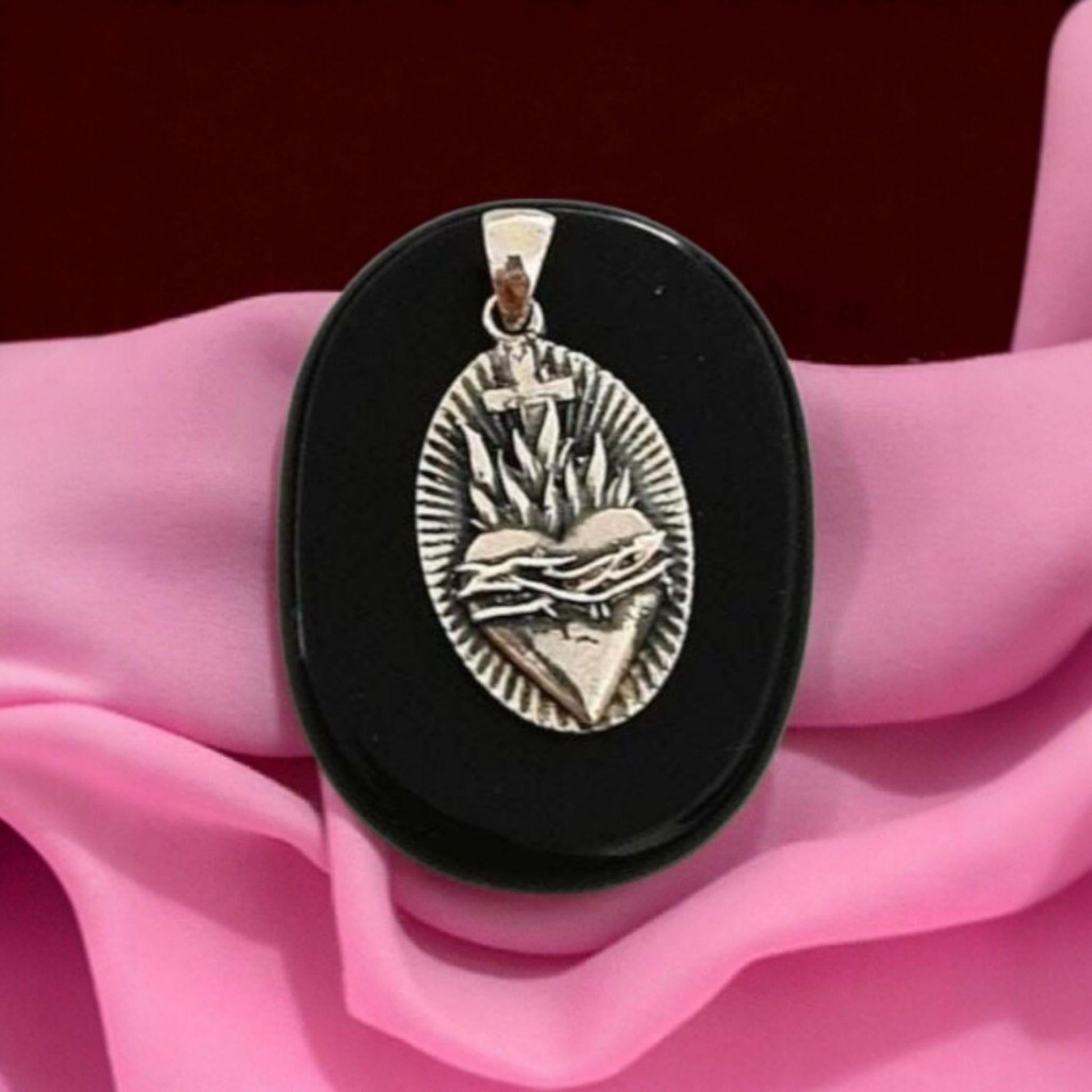 Sterling Silver Sacred Heart Pendant with Flames and Cross – Catholic Christian Necklace