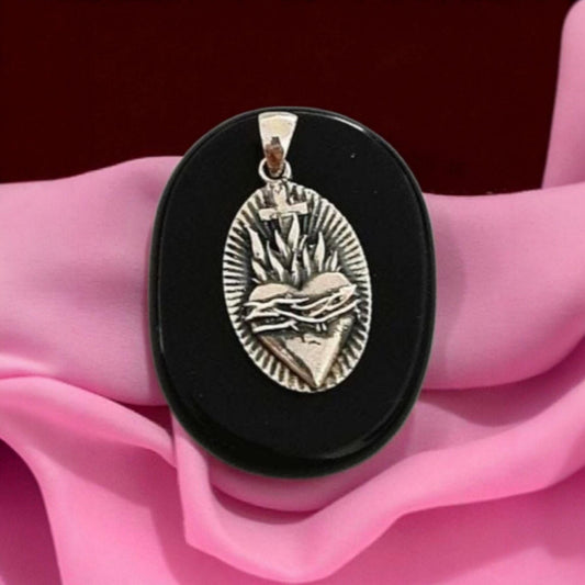 Sterling Silver Sacred Heart Pendant with Flames and Cross – Catholic Christian Necklace