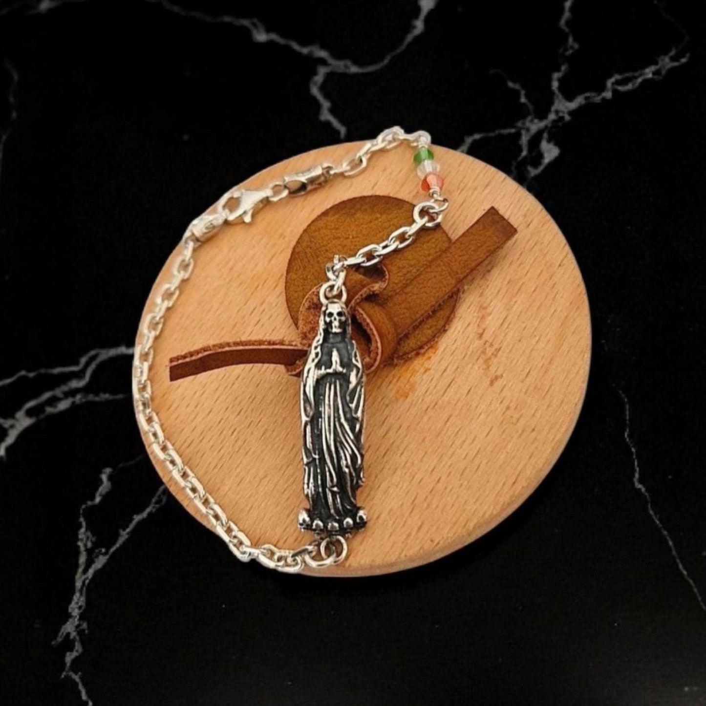 Santa Muerte bracelet 925 sterling Silver length 7inch(18cm) - 3 colours Stone beads as The Mexican flag