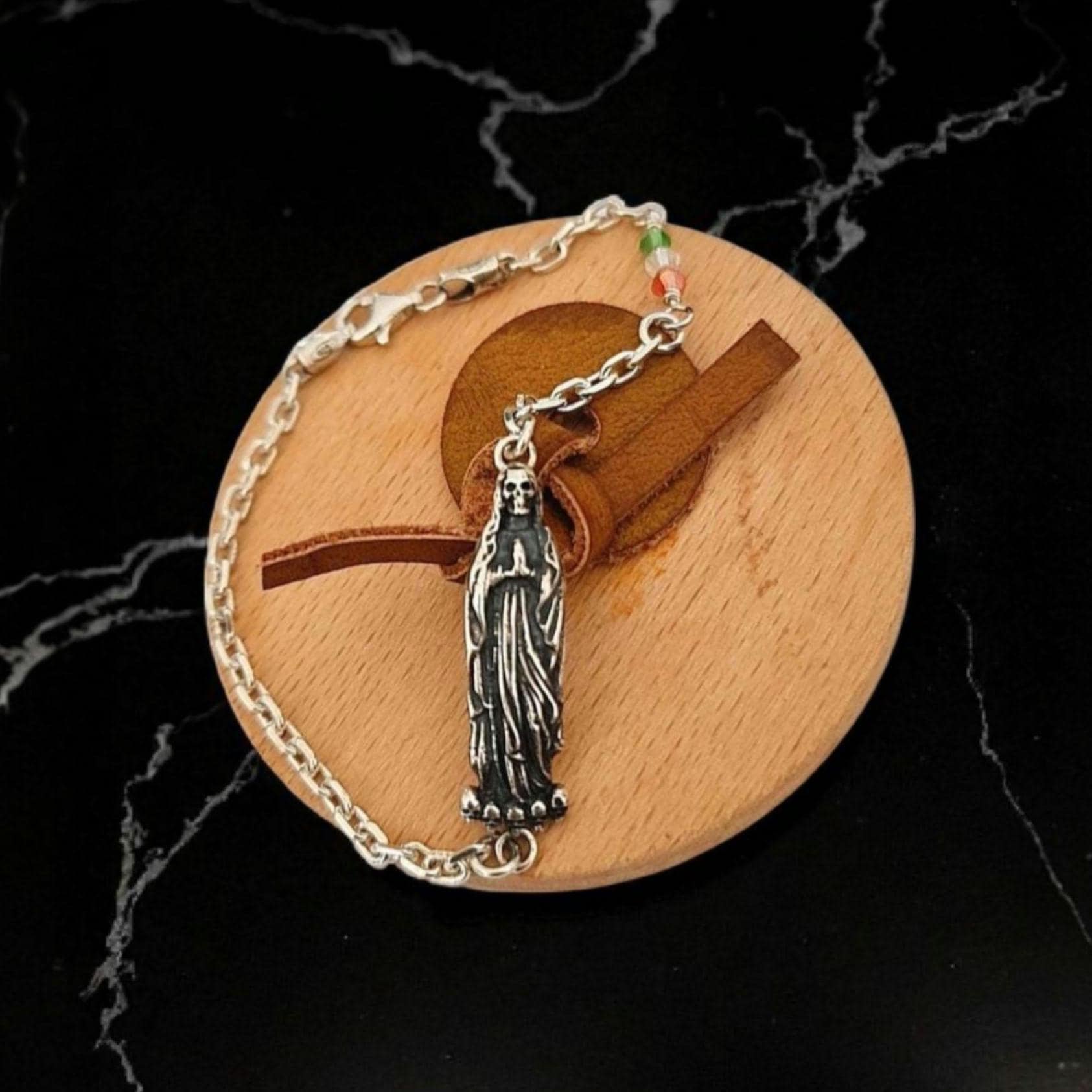 Santa Muerte bracelet 925 sterling Silver length 7inch(18cm) - 3 colours Stone beads as The Mexican flag