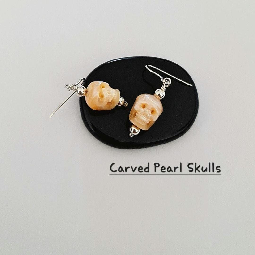 Carved Pearl Skull Earrings: Sterling Silver Gothic Boho Jewelry