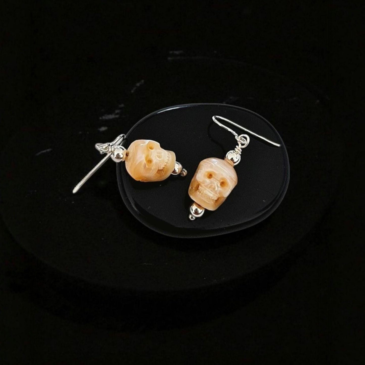 Carved Pearl Skull Earrings: Sterling Silver Gothic Boho Jewelry
