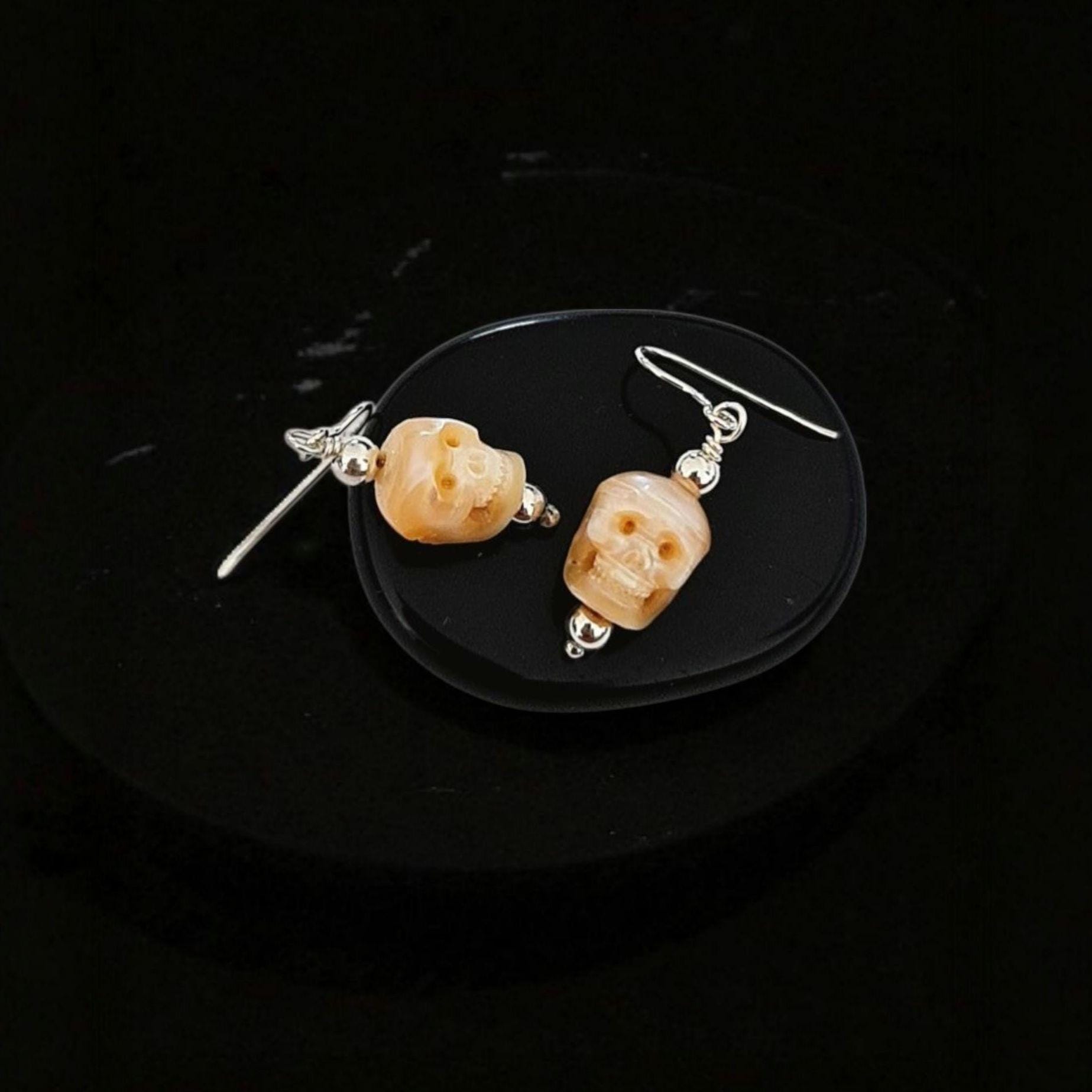 Carved Pearl Skull Earrings: Sterling Silver Gothic Boho Jewelry