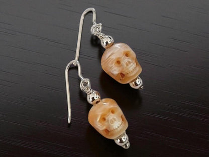 Carved Pearl Skull Earrings: Sterling Silver Gothic Boho Jewelry