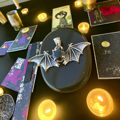 Gothic Bat Wings Silver Pendant with Black Zircon | Vampire Jewelry | Witchy Gothic Necklace Charm