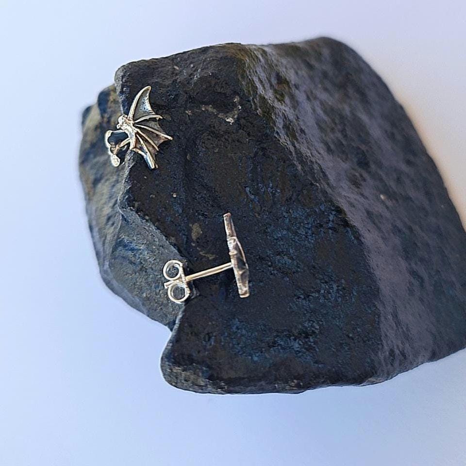 Sterling Silver Bat Wing Stud Earrings - Gothic Jewelry