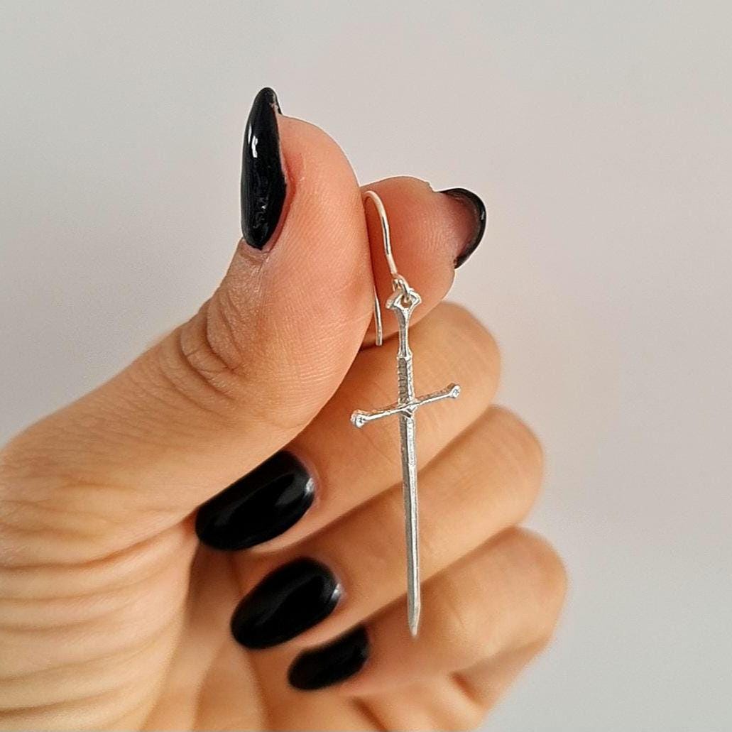 Sterling Silver Sword Dangle Earrings • 4.5 cm Medieval Fantasy Earrings • Gothic Warrior Jewelry
