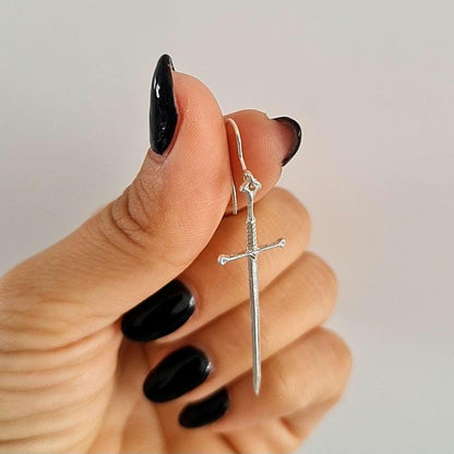 Sterling Silver Sword Dangle Earrings • 4.5 cm Medieval Fantasy Earrings • Gothic Warrior Jewelry