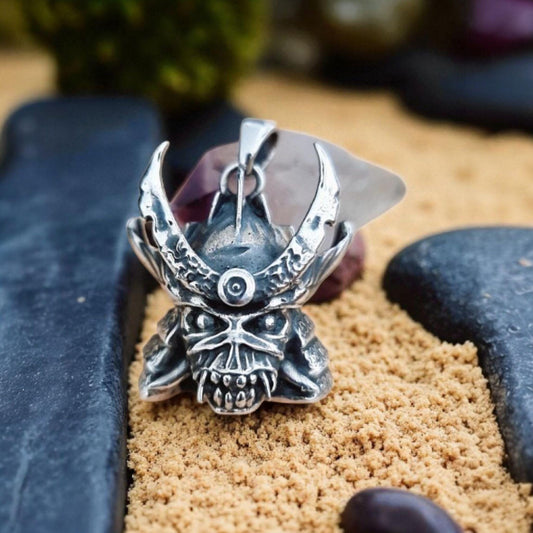 Sterling Silver Samurai Skull Pendant: Rocker Biker Jewelry