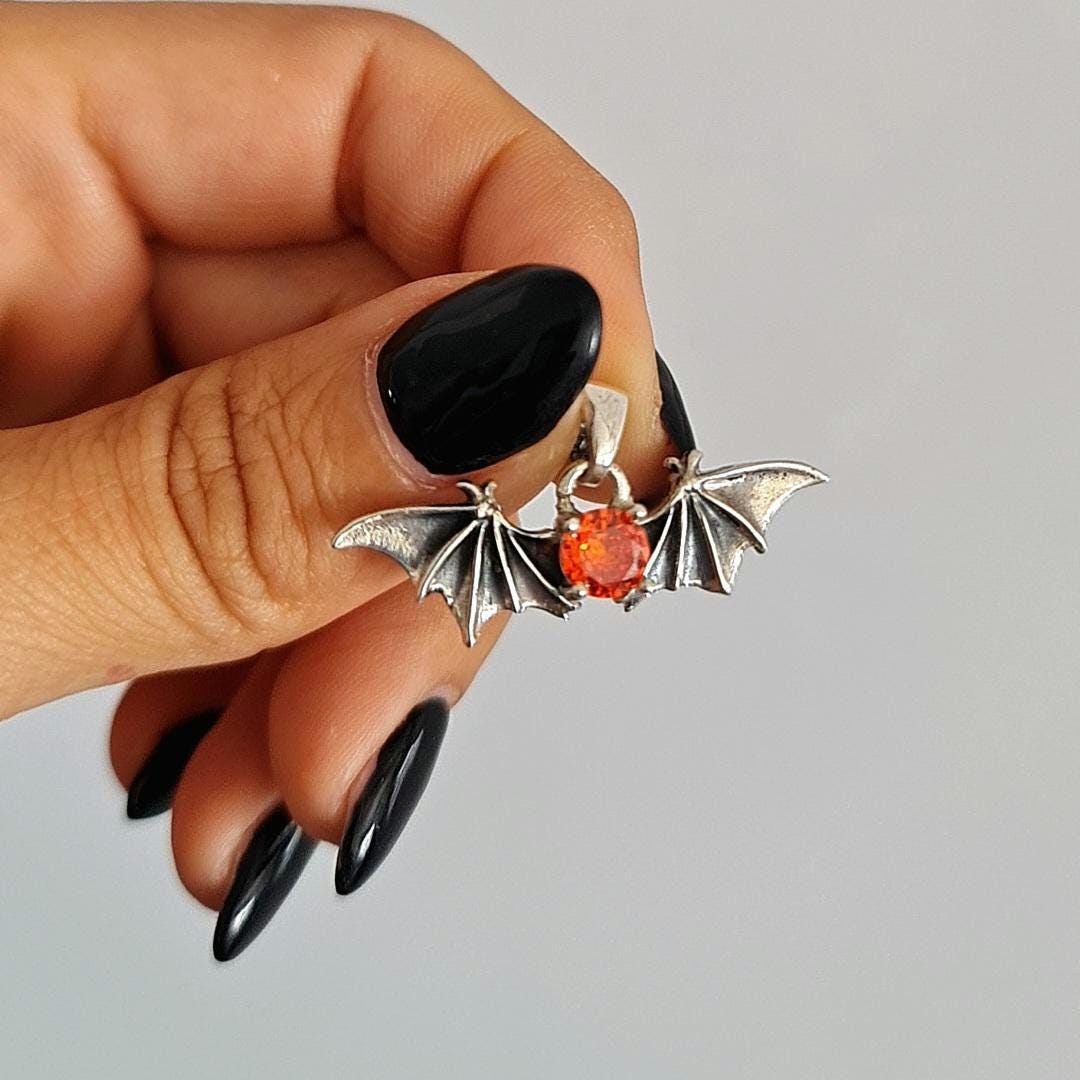 Silver Bat Wings Pendant with Ruby Zircon – Gothic Unisex Necklace Charm