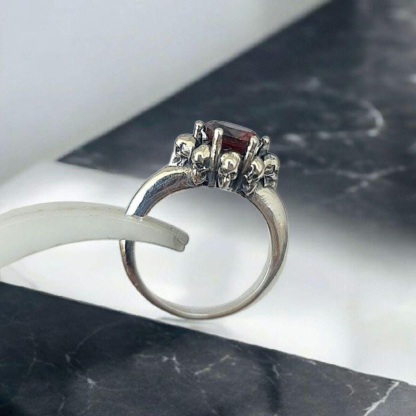 Handmade Gothic Skull Sterling Silver Solitaire Ring with Zircon