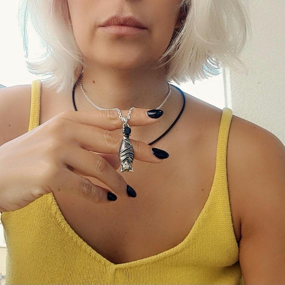 Sterling Silver Bat Pendant with Black Zircon • Gothic Vampire Necklace Charm • Dark Fantasy Jewelry