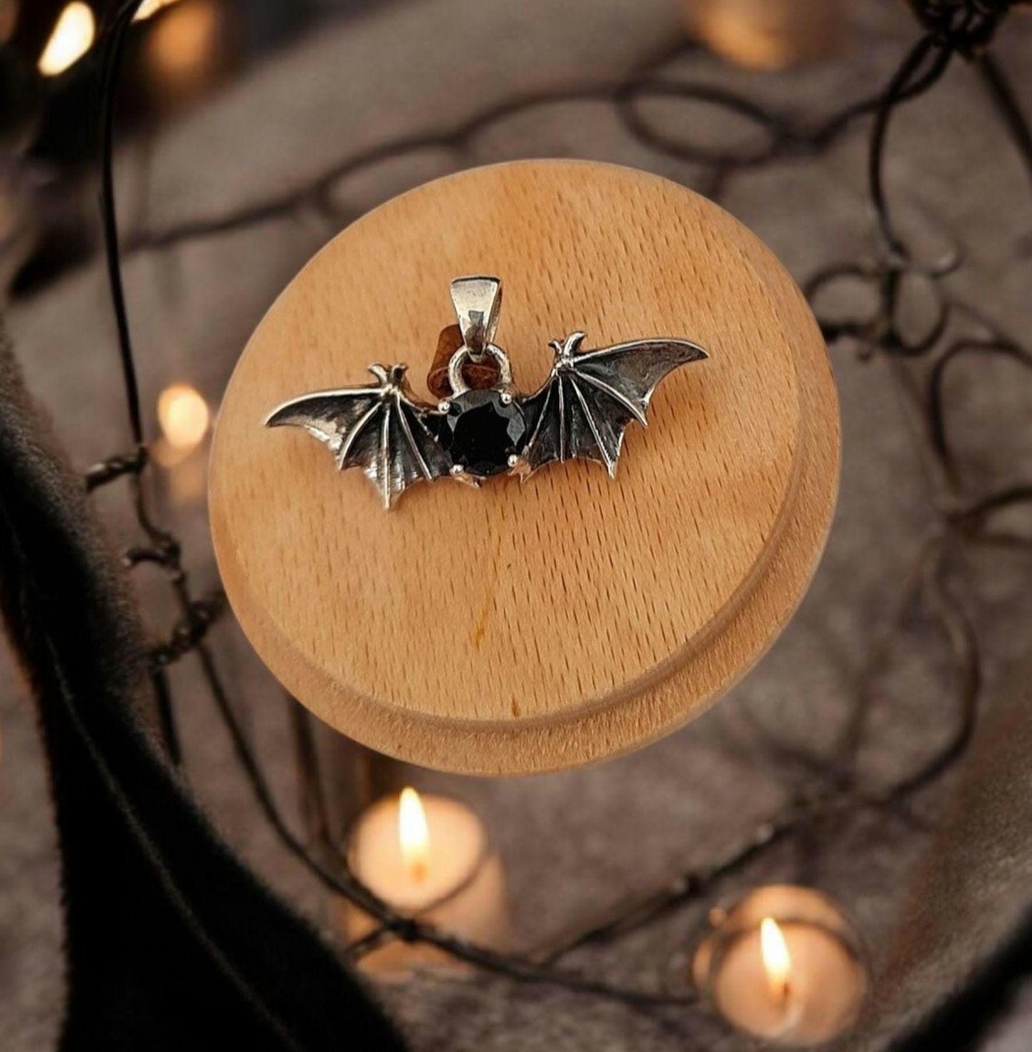 Gothic Bat Wings Silver Pendant with Black Zircon | Vampire Jewelry | Witchy Gothic Necklace Charm
