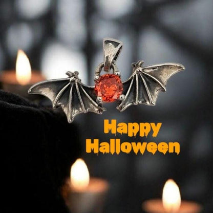 Silver Bat Wings Pendant with Ruby Zircon – Gothic Unisex Necklace Charm