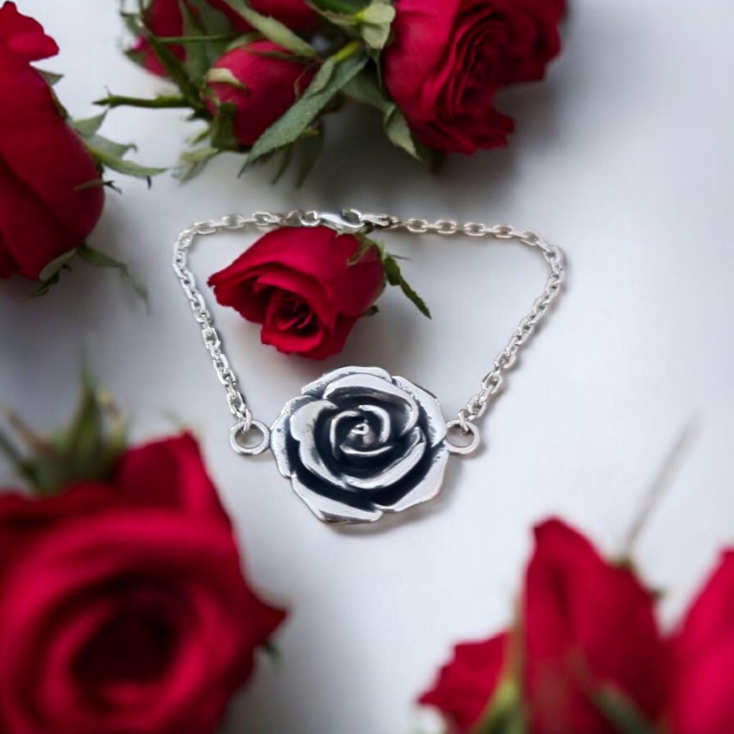 Sterling Silver Rose Bracelet: Chunky Elegant Flower Jewelry