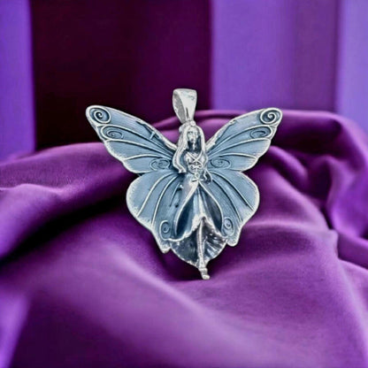 Dainty Fairy Pendant –  Fantasy Winged Faerie Princess Charm Necklace,Sterling Silver