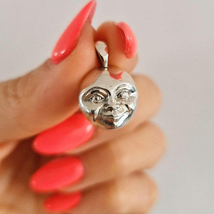 Crescent full Moon Face  Pendant in  925 Sterling Silver - Unique Handcrafted  solid