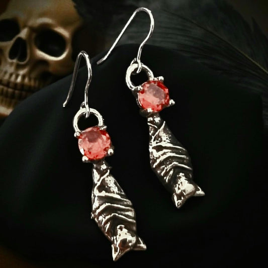 Silver Bat Dangle Earrings with Ruby Zircon | Gothic Witchy Jewelry | Halloween Vampire Earrings