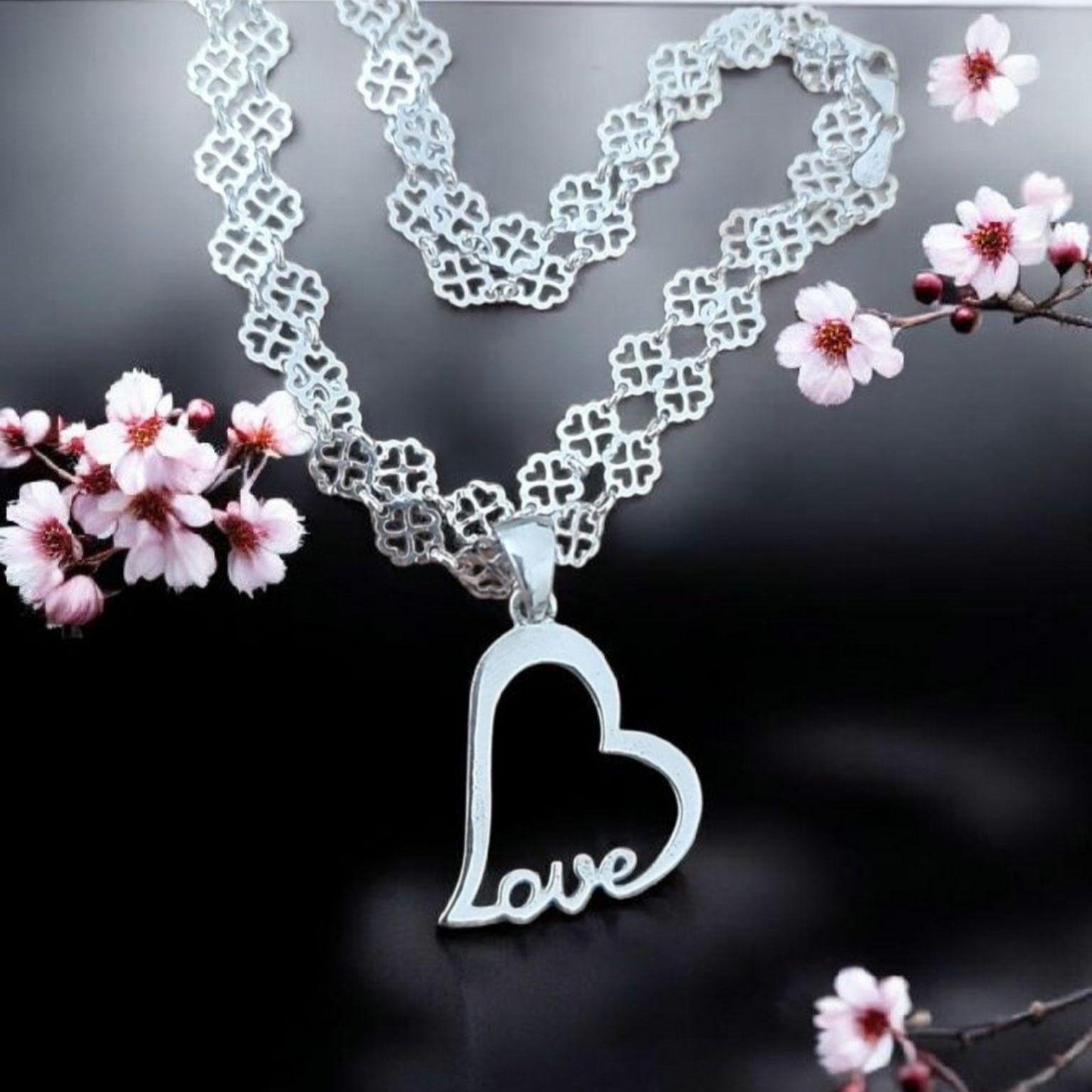 Sterling Silver Love Heart Necklace - Floral Chain 45 cm