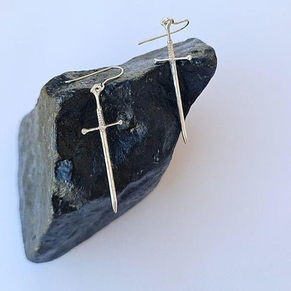 Sterling Silver Sword Dangle Earrings • 4.5 cm Medieval Fantasy Earrings • Gothic Warrior Jewelry