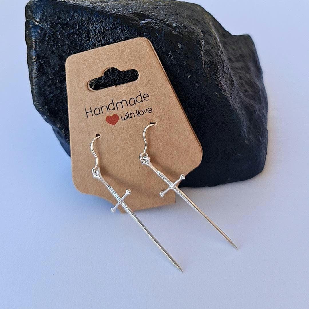 Sterling Silver Sword Dangle Earrings • 4.5 cm Medieval Fantasy Earrings • Gothic Warrior Jewelry